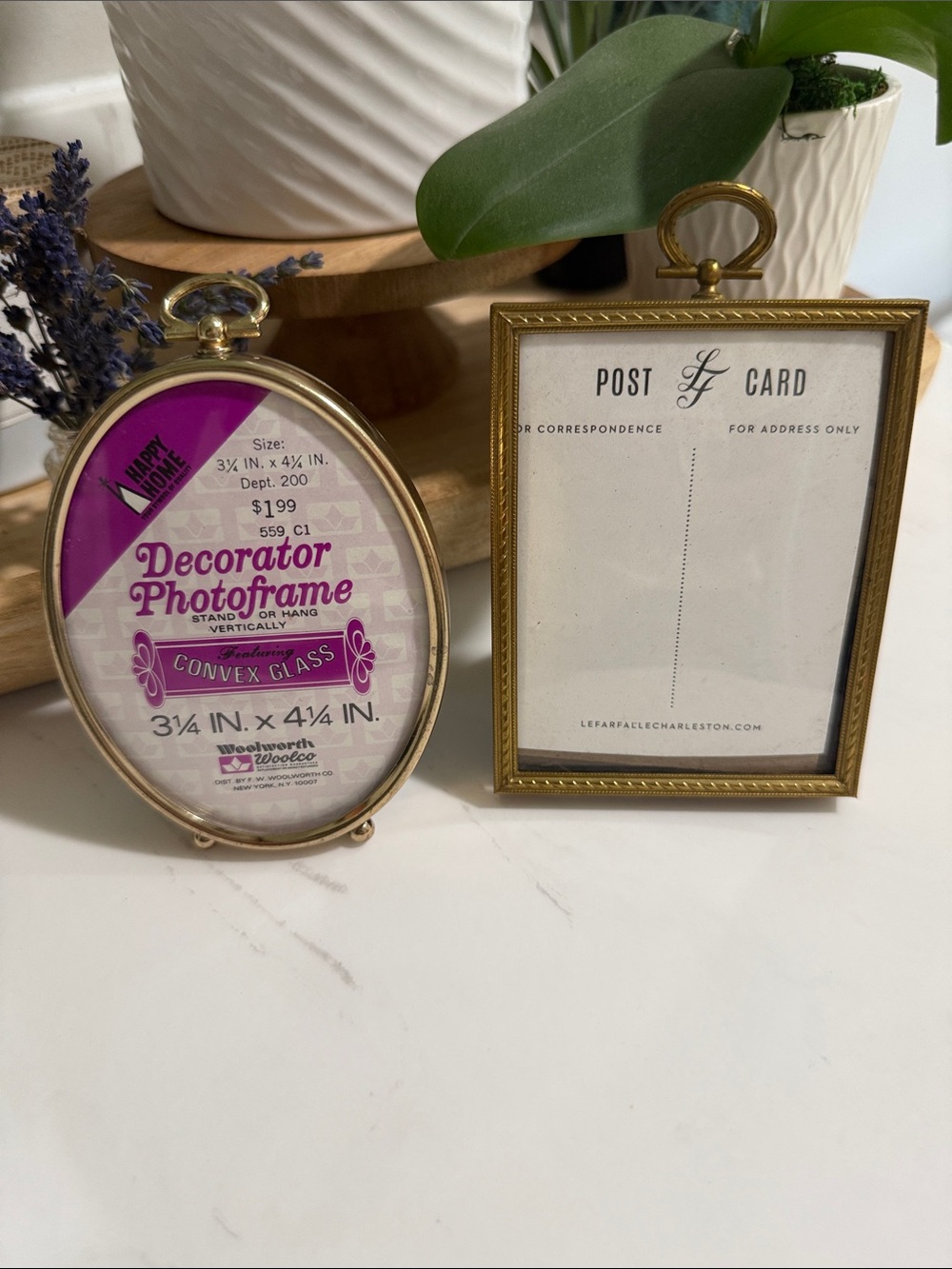 Vintage Gold Tone Picture Frames Set of 2 Oval Convex and Rectangle Easel Frame